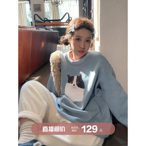 加绒卫衣休闲猫咪印花安妮森林冬减龄圆领亲肤宽松百搭韩系风上衣