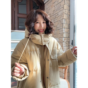 连帽90白鹅绒羽绒服 韩系宽松休闲浅卡其色时髦外套【长款鹅绒】