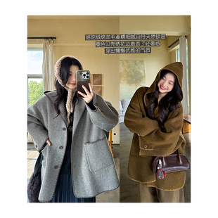 3.1米撞色贝壳绣骆驼绒绵羊毛复古连帽松弛感双面呢大衣 安妮森林