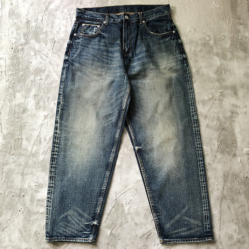 日系复古水洗赤耳深蓝色牛仔裤