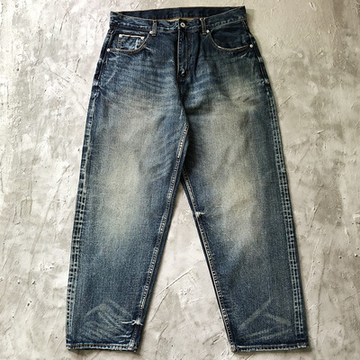 日系复古水洗赤耳深蓝色牛仔裤