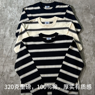 320克重磅复古纯棉粗条纹长袖T恤男女海魂小领口圆领黑白蓝打底衫