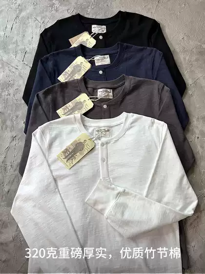 320g Heavyweight Vintage Slub Cotton Henley Collar Pure Cotton Long-Sleeve T-Shirt American Style Small Neckline Loose Solid Color Base Shirt