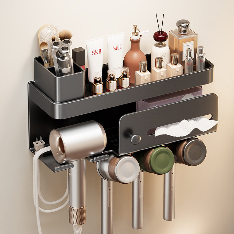 牙刷置物架壁挂式免打孔卫生间多功能吹风机一体不锈钢漱口杯挂架