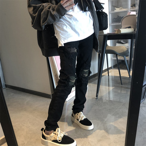 高街风压皱补丁破洞迷彩显瘦修