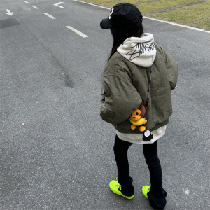 站在雾里 绿色加厚棉服oversize美式工装飞行服BOMBER夹克外套