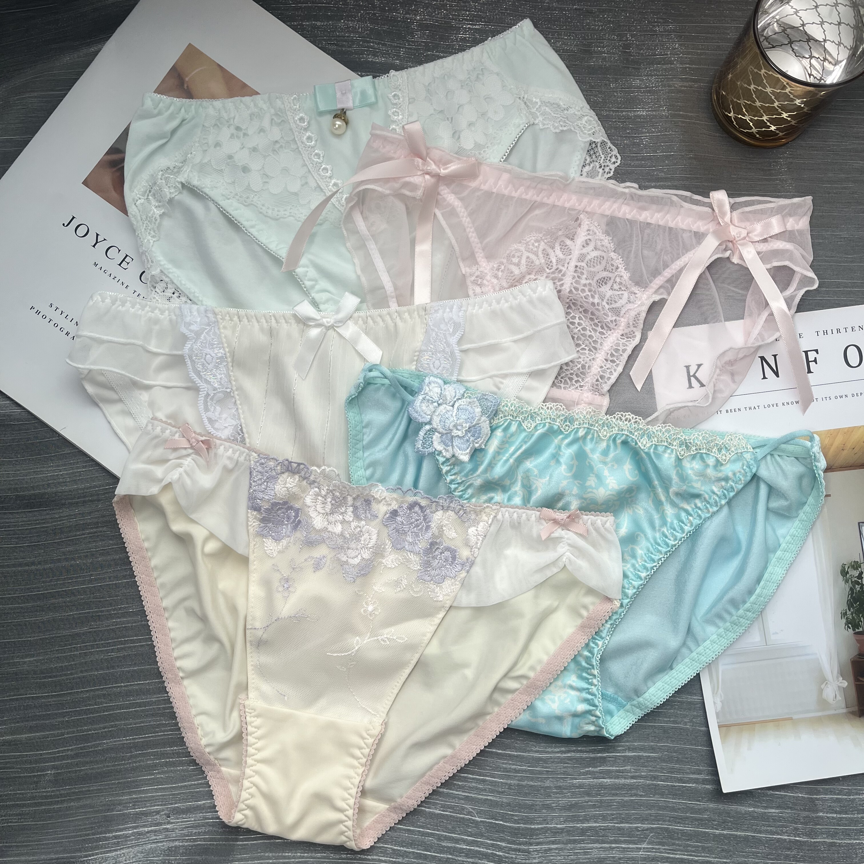 日系五条装M码蕾丝边三角内裤女棉档性感裤头刺绣花边蝴蝶结少女