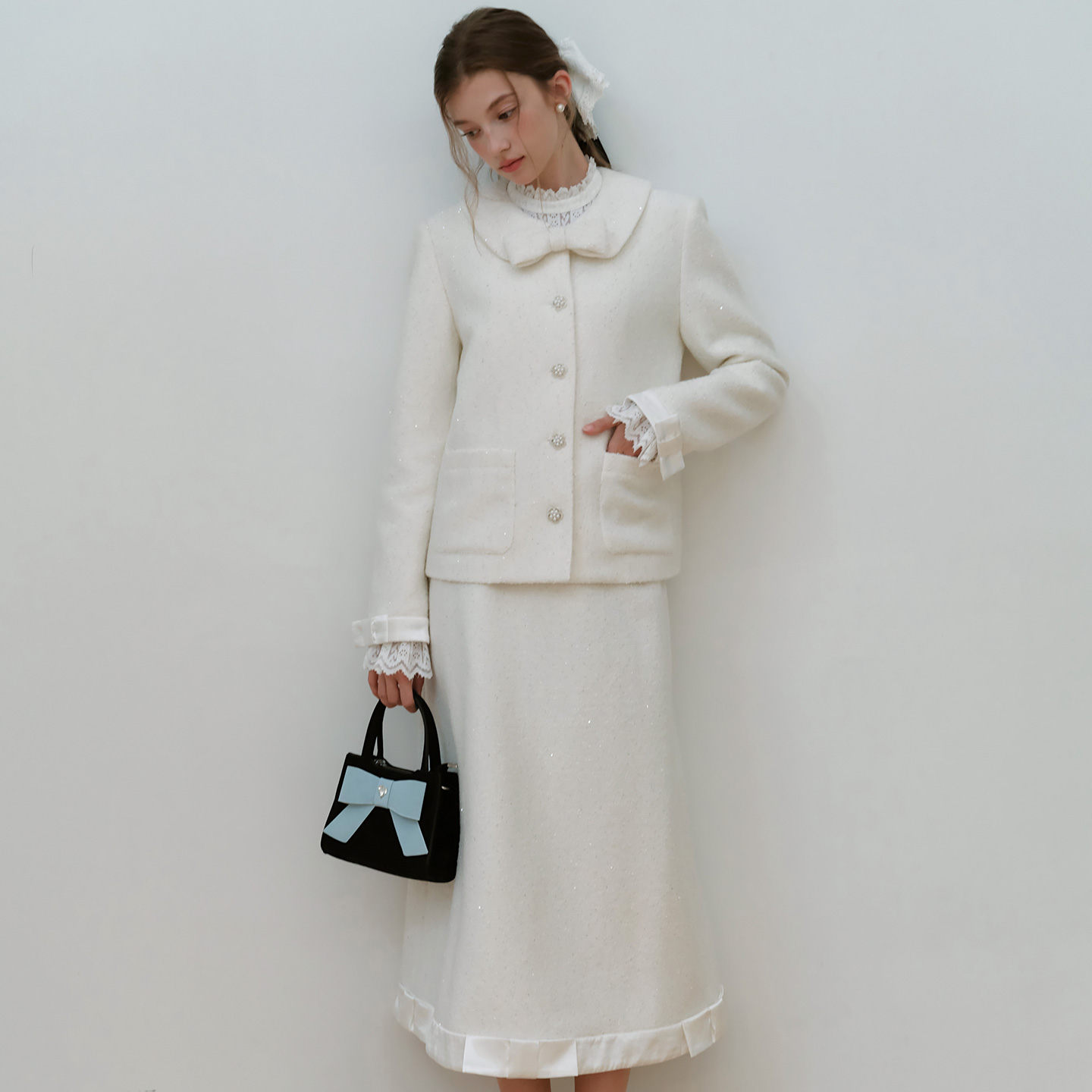 蝴蝶结亮片毛呢外套中长款半身裙