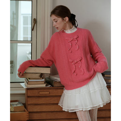 红色宽松毛衣钉珠蝴蝶结针织外套