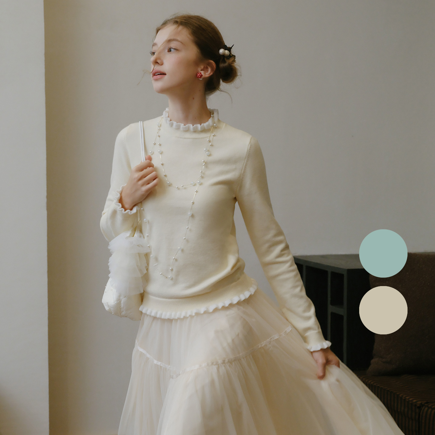 软糯针织打底衫秋冬花边立领上衣