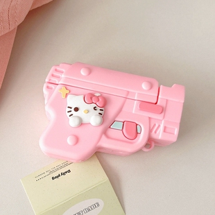 甜酷粉色Kitty猫手枪造型适用苹果airpdos4代耳机壳AirPodsPro二代保护套AirPods1/2/3代卡通硅胶防摔软盒潮