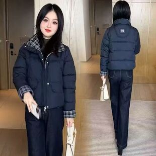 时尚格子拼接立领棉服女2026冬季洋气显瘦小个子加厚保暖棉袄外套