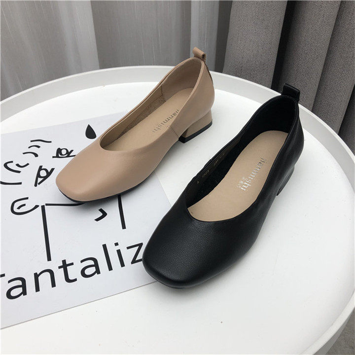 2020春季新款断码鞋特价女鞋 真皮头层牛皮中粗跟浅口方头单鞋女