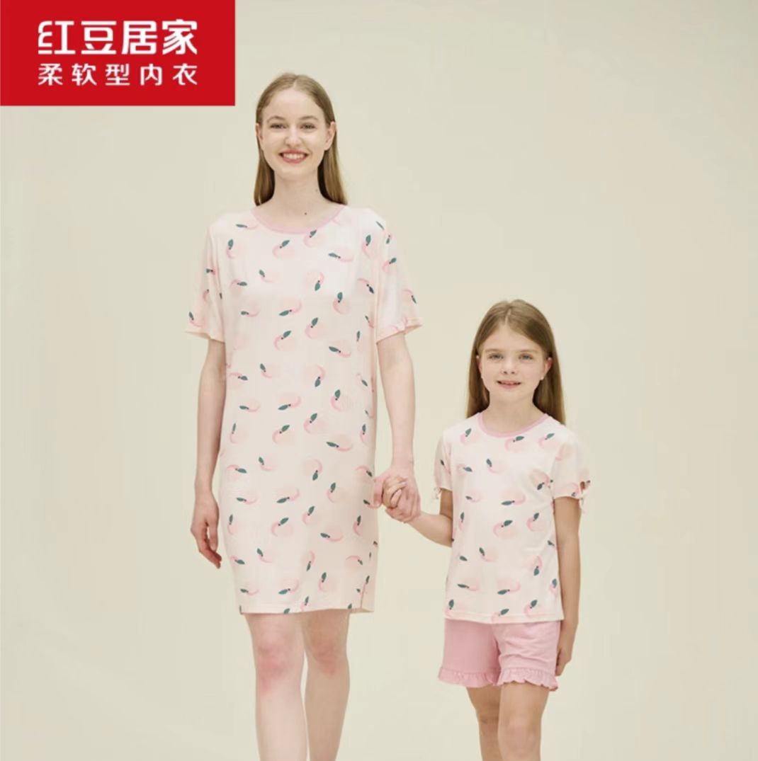 红豆莫代尔睡裙女士弹力柔软睡衣夏季女童短袖短裤套装亲子居家服