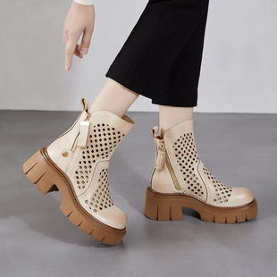 头层牛皮透气手工凉靴复古罗马凉鞋真皮镂空洞洞靴女夏季厚底短靴