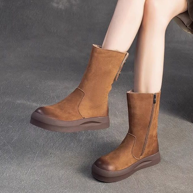 头层牛皮加绒保暖中筒马丁靴2025冬季新款复古百搭显瘦加厚女棉靴