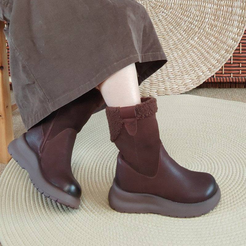 头层牛皮中筒靴加绒保暖纯色厚底雪地靴侧拉链马丁靴真皮休闲女鞋