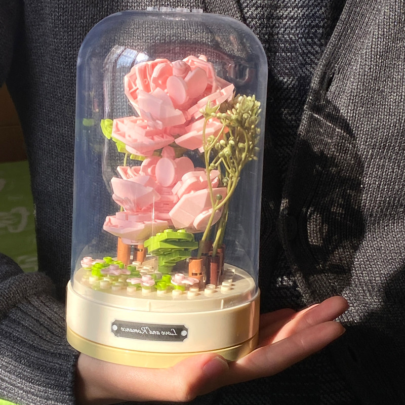 积木花八音盒玫瑰花永生花束女孩系列生日礼物圣诞节益智拼装玩具