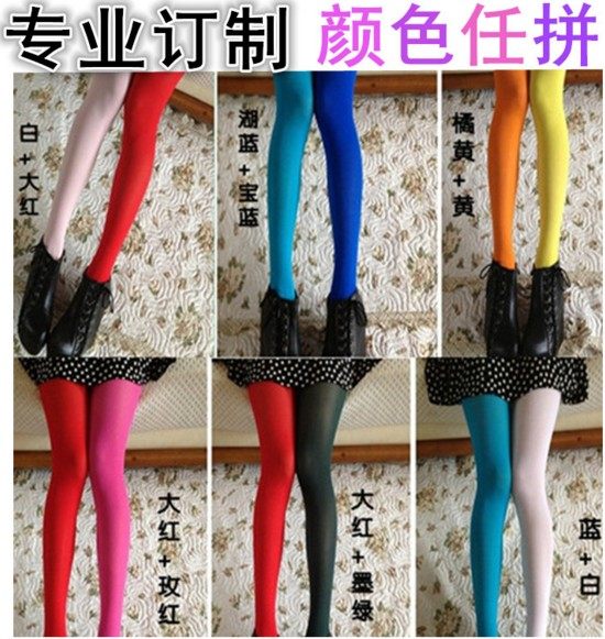 春秋款ab双色拼接糖果不对称彩色鸳鸯天鹅绒打底连裤袜女丝袜开档