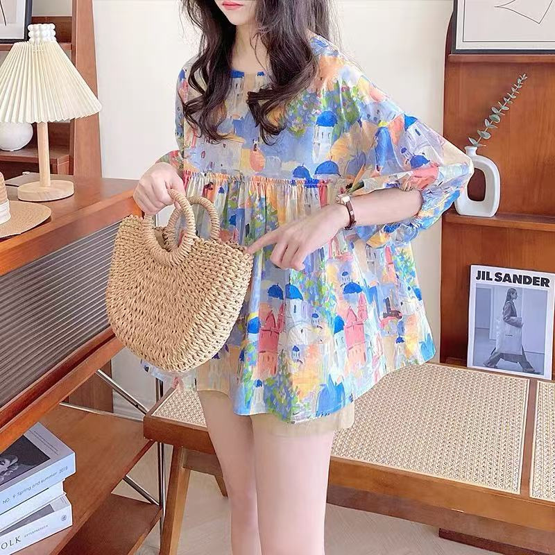 油画短袖衬衫2025文艺日系森女系圆领木耳边百搭宽松套头娃娃衫女