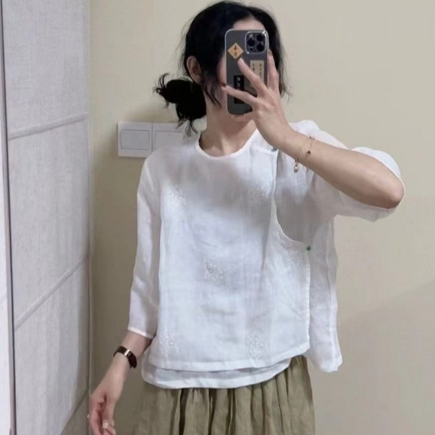苎麻刺绣短袖衬衫2025文艺复古圆领斜门襟设计感百搭七分袖上衣