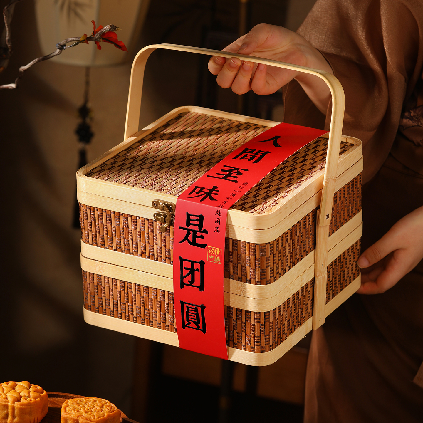 双层方形竹篮中秋月饼礼盒空盒