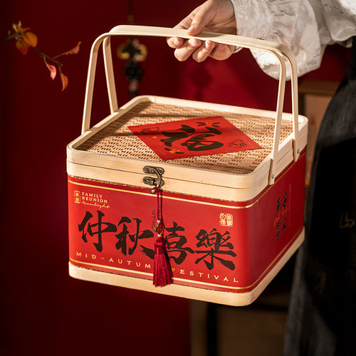 国风竹编月饼礼盒手提竹篮