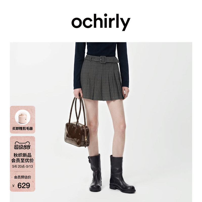 [新品]OCHIRLY欧时力 半身裙女2026秋季复古格子配腰带百褶裙短裙