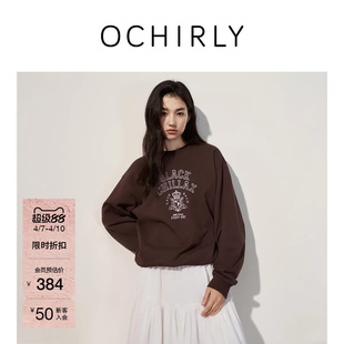 OCHIRLY欧时力 T恤女流行秋冬 100%新疆棉徽章印花卫衣长袖