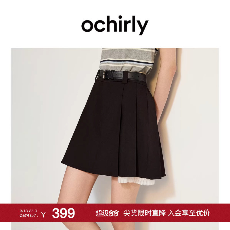 OCHIRLY欧时力  百褶半身裙女春蕾丝花边裤裙日常通勤显瘦a