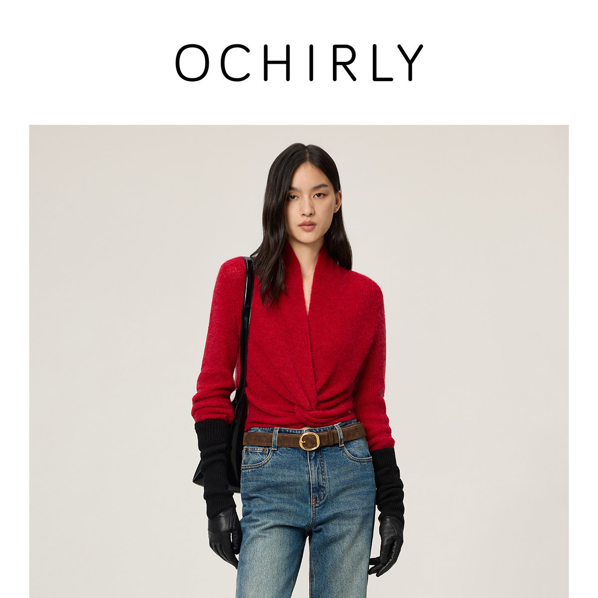 【新品】OCHIRLY欧时力 羊毛交叉扭结V领针织毛衣轻薄红色2