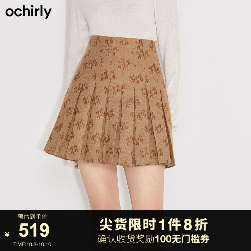 ochirly欧时力2021新款秋冬老花高腰a字百褶短裙半身裙1NC3079100