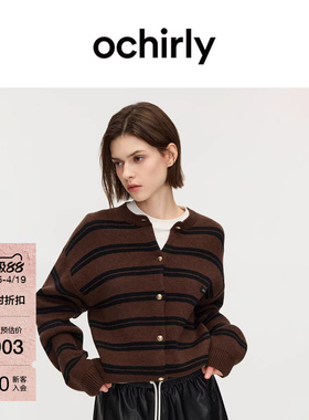 OCHIRLY欧时力  羊毛条纹针织外套休闲上衣圆领开衫秋新