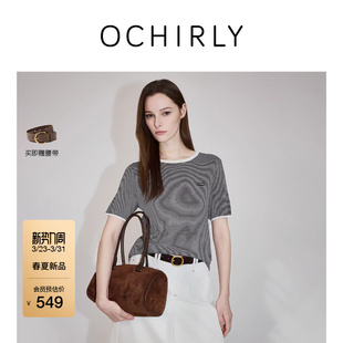 针织衫 OCHIRLY欧时力 女2026春夏莱赛尔亚麻黑白条纹短袖 新品