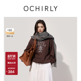 T恤女流行秋季 OCHIRLY欧时力 100%新疆棉徽章印花卫衣长袖