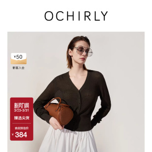 上衣内搭春款 长袖 亚麻V领针织外套轻薄开衫 OCHIRLY欧时力