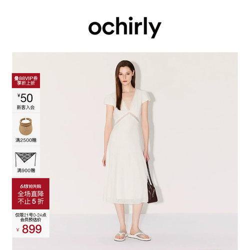 OCHIRLY欧时力蕾丝V领连衣裙