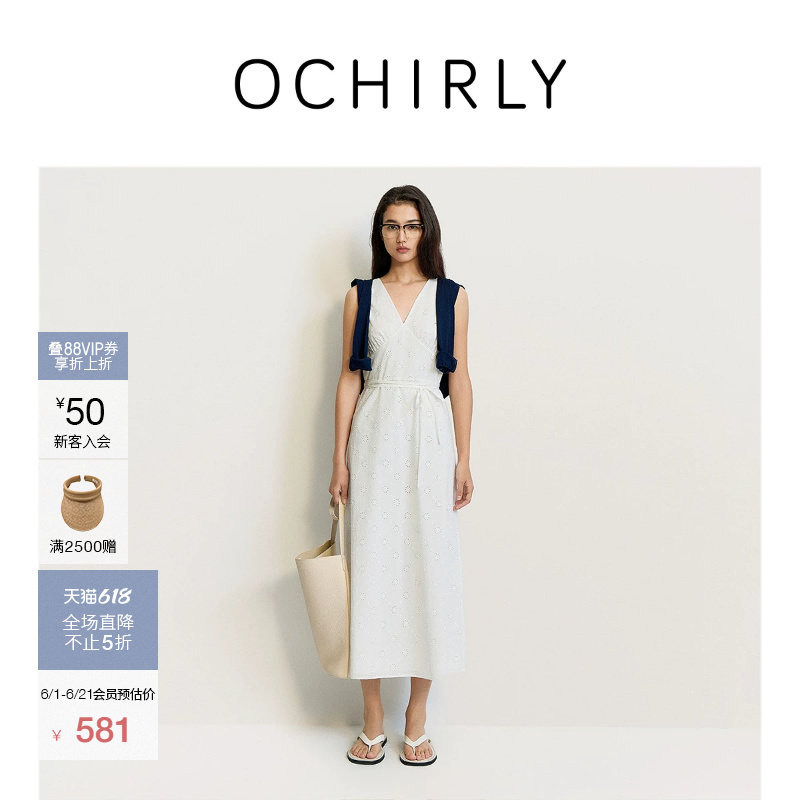 [季中折扣]OCHIRLY欧时力镂空蕾丝绣花V领无袖连衣裙长裙腰带夏