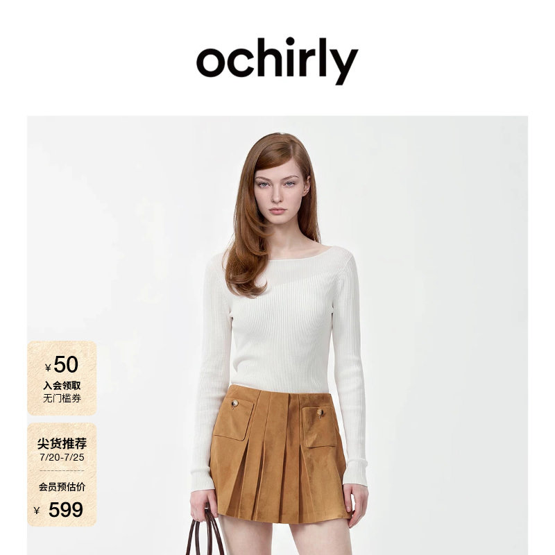 [新品]OCHIRLY欧时力 毛衣2026秋100%美丽诺羊毛一字领针织打底衫