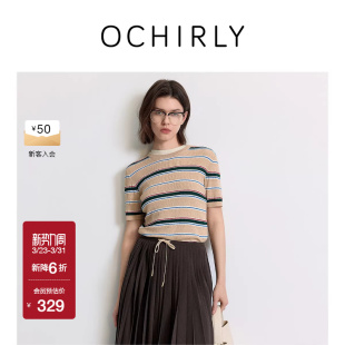 上衣复古夏新 针织衫 OCHIRLY欧时力 轻薄高捻棉条纹短袖