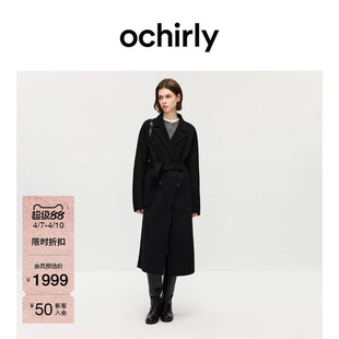 OCHIRLY欧时力 羊毛双面呢排扣大衣外套驳领腰带复古秋冬