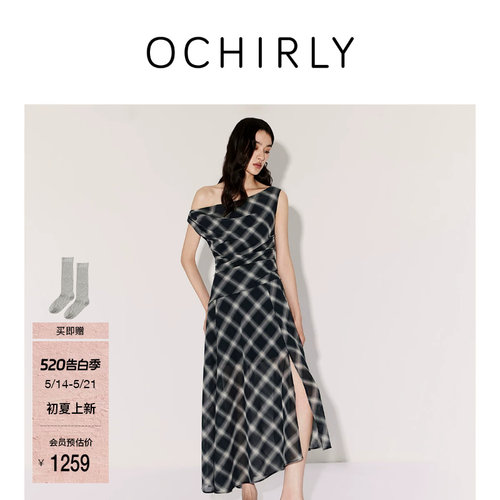 OCHIRLY欧时力格子斜肩连衣裙