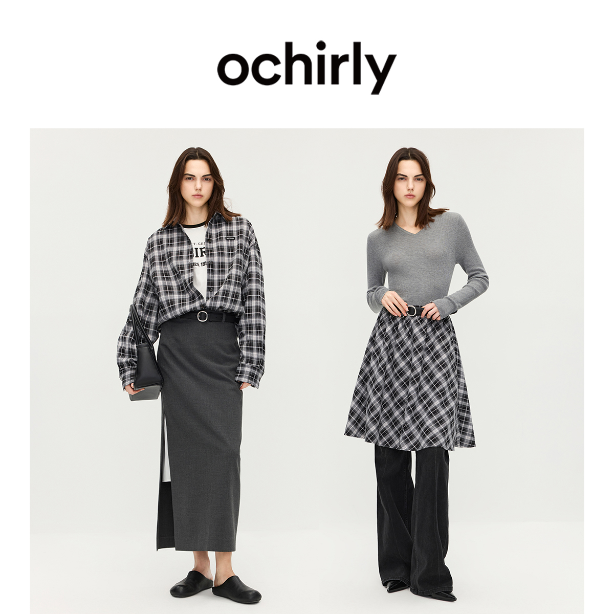 OCHIRLY欧时力黑白格纹中长衬衫