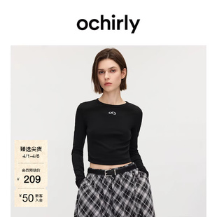 OCHIRLY欧时力 T恤女上衣圆领修身 休闲简约春款 印花长袖