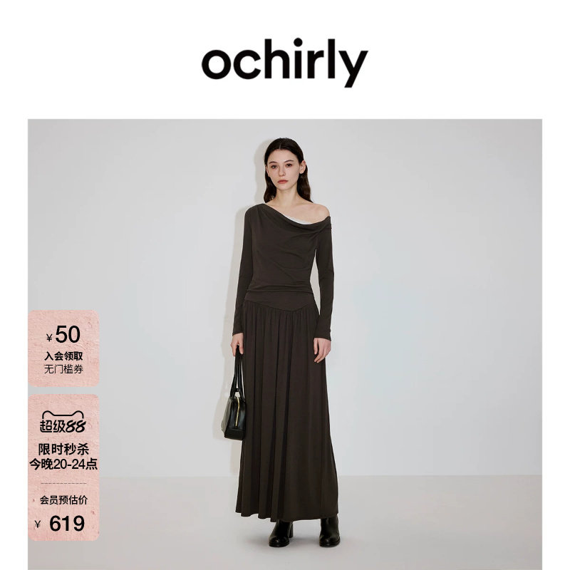 OCHIRLY欧时力斜肩拼蕾丝连衣裙图片
