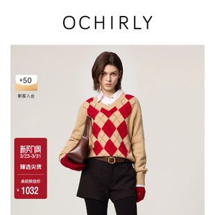 OCHIRLY欧时力 浣熊绒学院风菱格针织毛衣红色V领上衣春