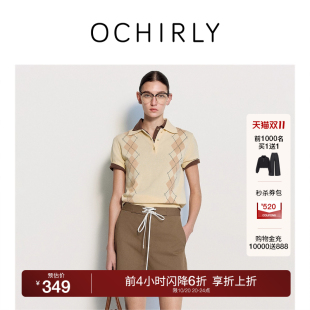 新品 OCHIRLY欧时力 女上衣Polo领菱格2025夏季 针织衫 高捻棉短袖