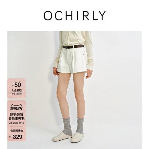 OCHIRLY欧时力收褶直筒牛仔短裤