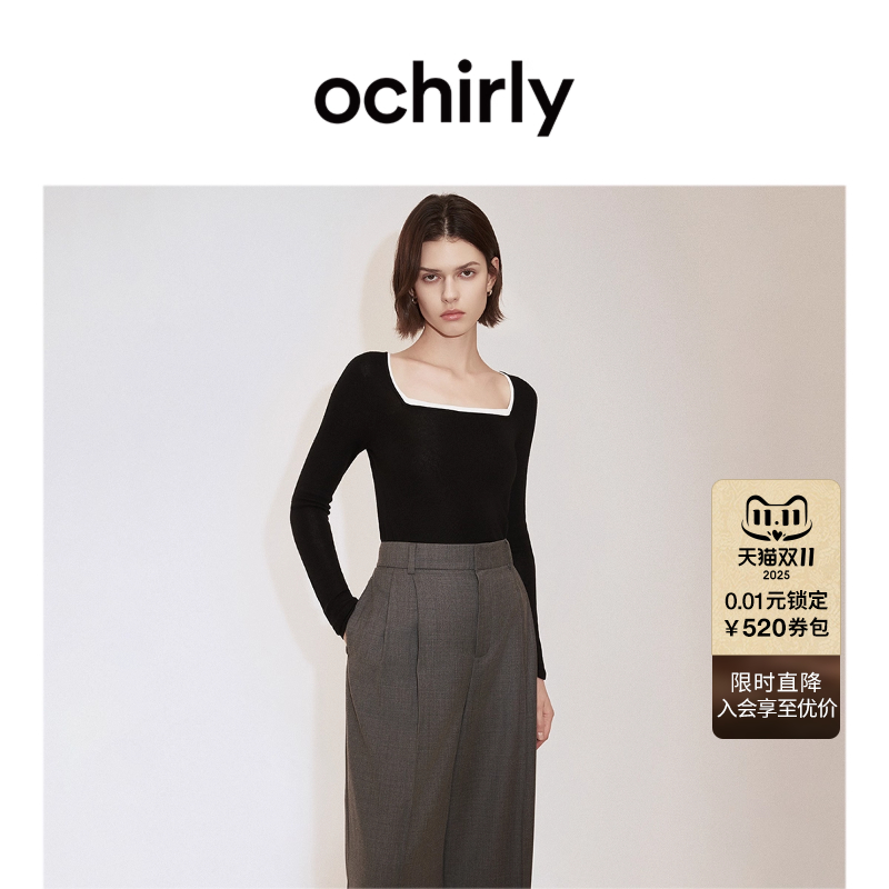 【桑蚕丝羊毛】OCHIRLY欧时力秋新套头毛衣女高级方领针织打底衫