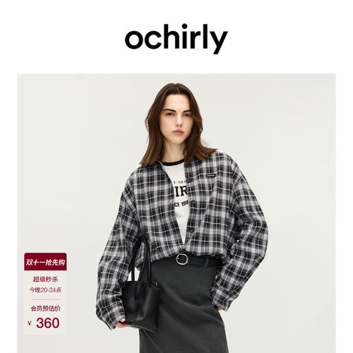OCHIRLY欧时力黑白格纹中长衬衫